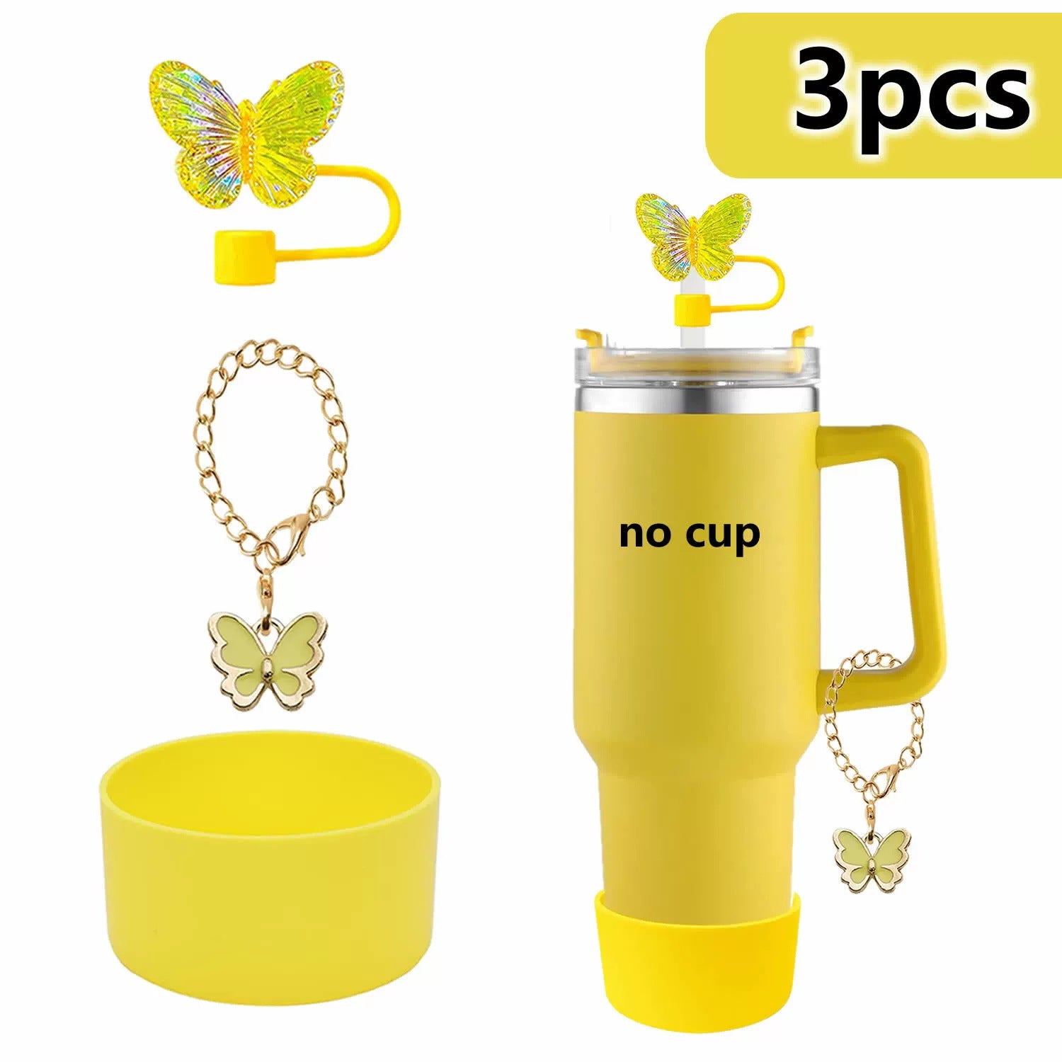 Wholesale Cup butterfly decorative straw cap silicone cup cover resin butterfly cup chain silicone cover 3-piece set